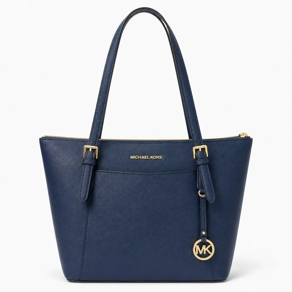 Michael Kors Navy Saffiano Leather Tote Bag Jet Set Travel Gold Logo Charm